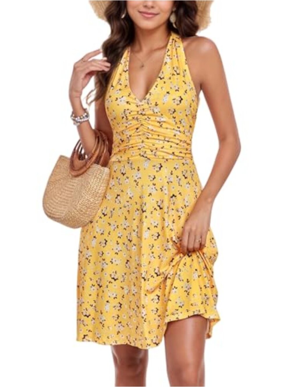 Boho Floral Halter Neck Sleeveless A-Line Dress with Pockets